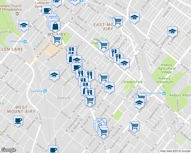 map of restaurants, bars, coffee shops, grocery stores, and more near 112 East Springer Street in Philadelphia