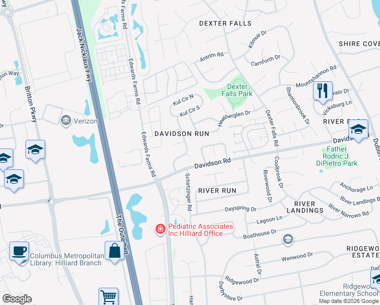 map of restaurants, bars, coffee shops, grocery stores, and more near 4870 Roger Allen Court in Hilliard