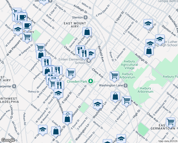 map of restaurants, bars, coffee shops, grocery stores, and more near 352 East Upsal Street in Philadelphia
