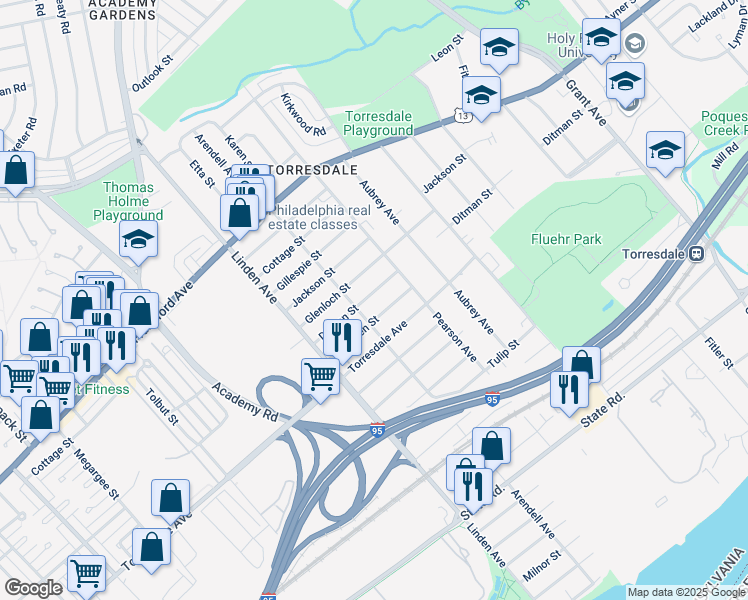 map of restaurants, bars, coffee shops, grocery stores, and more near 9317 Ditman Street in Philadelphia