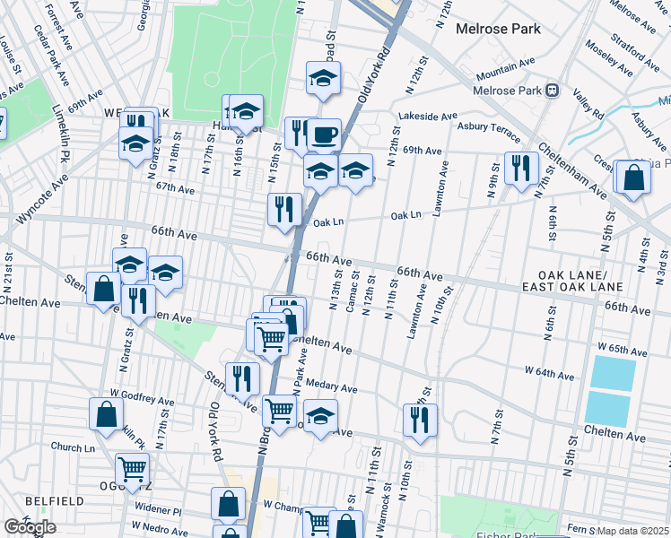 map of restaurants, bars, coffee shops, grocery stores, and more near 6526 North 13th Street in Philadelphia