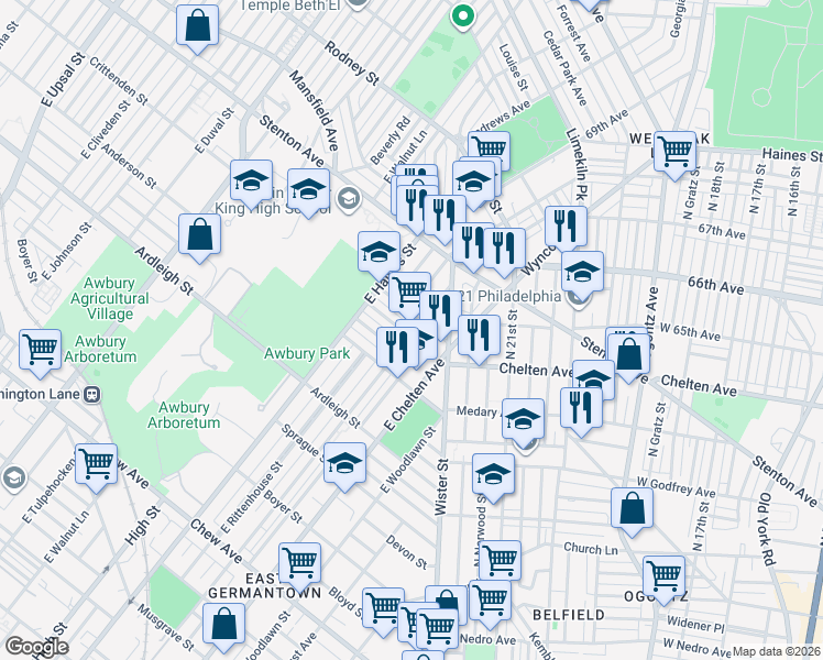 map of restaurants, bars, coffee shops, grocery stores, and more near 5738 Crittenden Street in Philadelphia