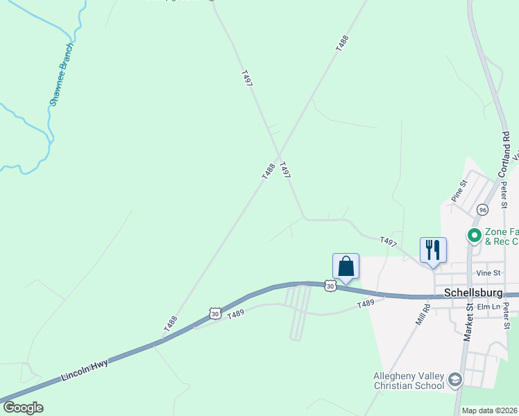 map of restaurants, bars, coffee shops, grocery stores, and more near 416-456 West Ridge Road in Schellsburg