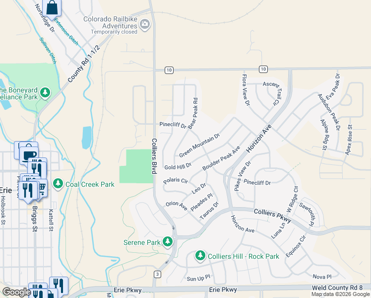 map of restaurants, bars, coffee shops, grocery stores, and more near 563 Green Mountain Drive in Erie