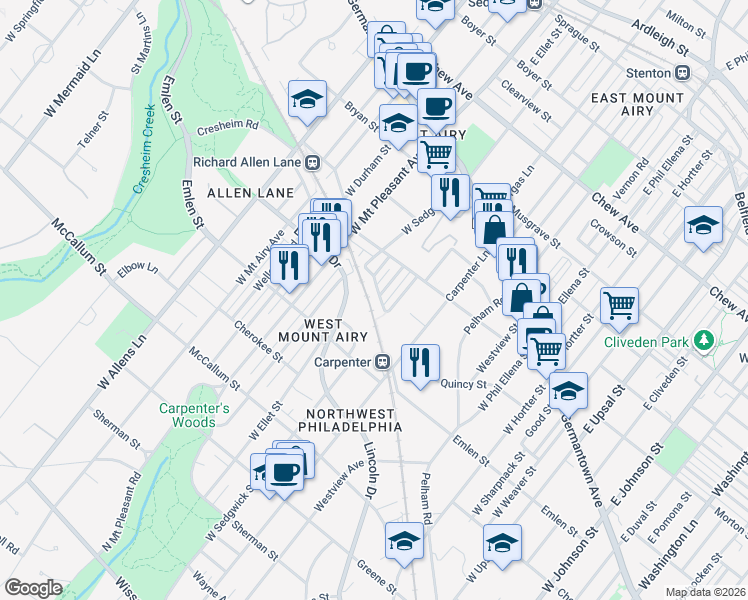 map of restaurants, bars, coffee shops, grocery stores, and more near 6954 Weatham Street in Philadelphia