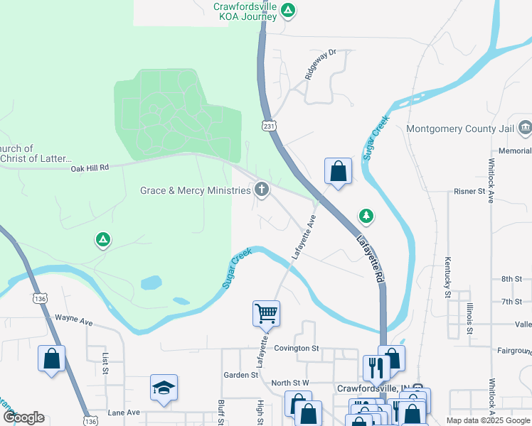 map of restaurants, bars, coffee shops, grocery stores, and more near 720 Indian Springs Road in Crawfordsville