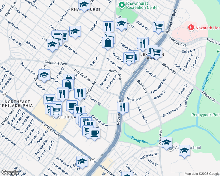 map of restaurants, bars, coffee shops, grocery stores, and more near 7711 Bradford Street in Philadelphia