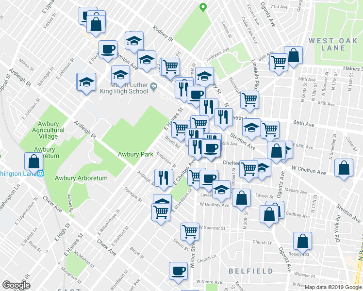 map of restaurants, bars, coffee shops, grocery stores, and more near 5801 Brush Road in Philadelphia