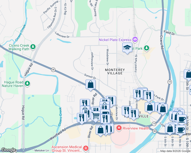 map of restaurants, bars, coffee shops, grocery stores, and more near 124 Hollowview Drive in Noblesville