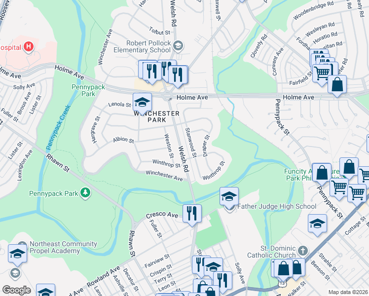 map of restaurants, bars, coffee shops, grocery stores, and more near 3129 Welsh Road in Philadelphia