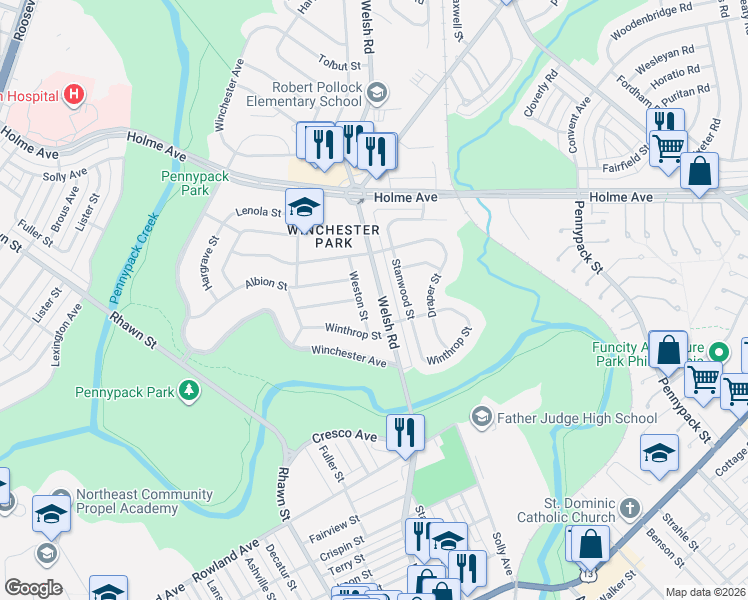 map of restaurants, bars, coffee shops, grocery stores, and more near 3173 Weston Street in Philadelphia