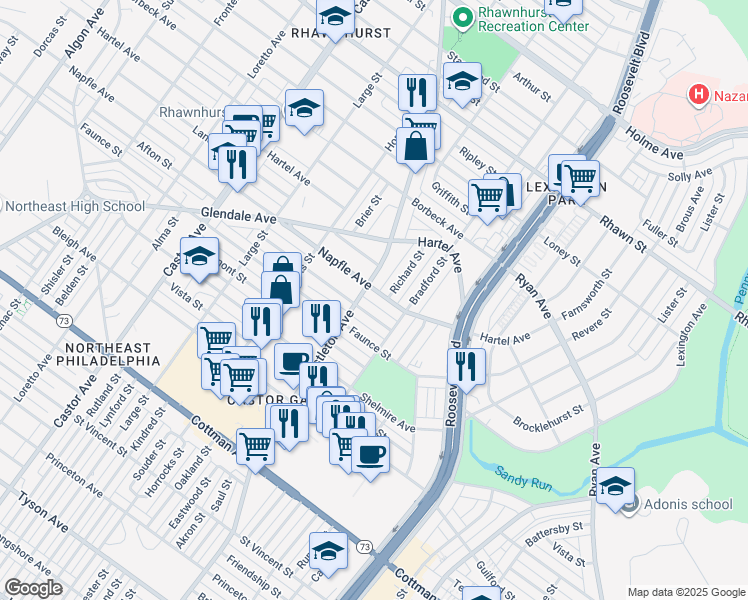 map of restaurants, bars, coffee shops, grocery stores, and more near 2318 Napfle Avenue in Philadelphia