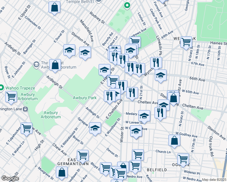 map of restaurants, bars, coffee shops, grocery stores, and more near 5738 Crittenden Street in Philadelphia