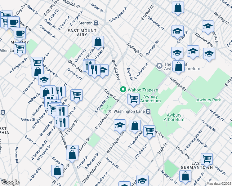 map of restaurants, bars, coffee shops, grocery stores, and more near 6409 Clearview Street in Philadelphia
