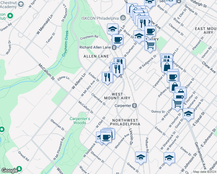 map of restaurants, bars, coffee shops, grocery stores, and more near 342 West Mount Pleasant Avenue in Philadelphia