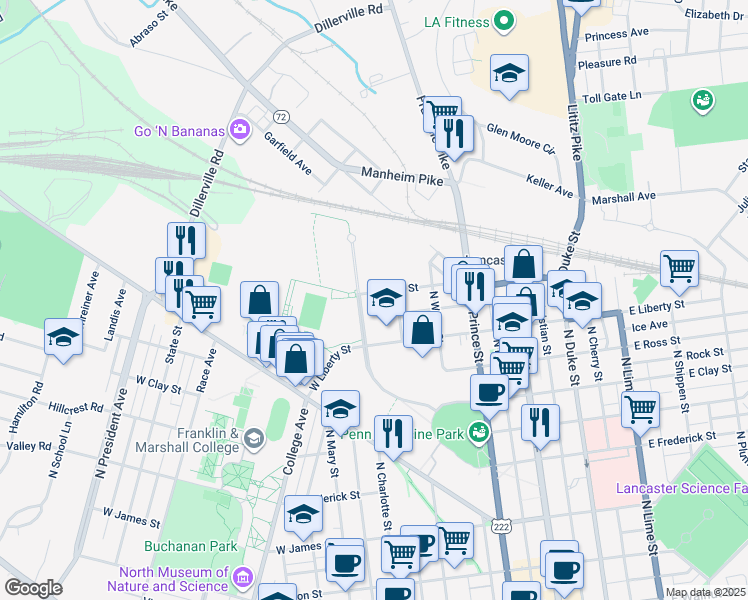 map of restaurants, bars, coffee shops, grocery stores, and more near 1090 North Charlotte Street in Lancaster