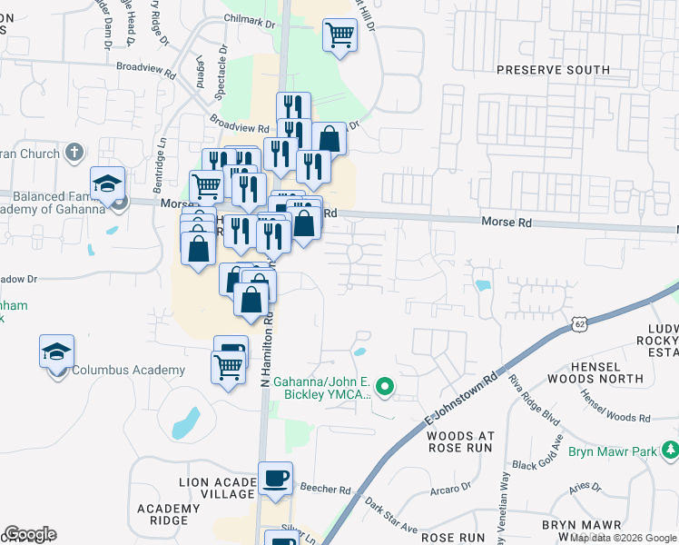 map of restaurants, bars, coffee shops, grocery stores, and more near 514 Calkin Lane East in Columbus