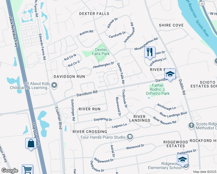 map of restaurants, bars, coffee shops, grocery stores, and more near 4872 Dublin Falls in Columbus