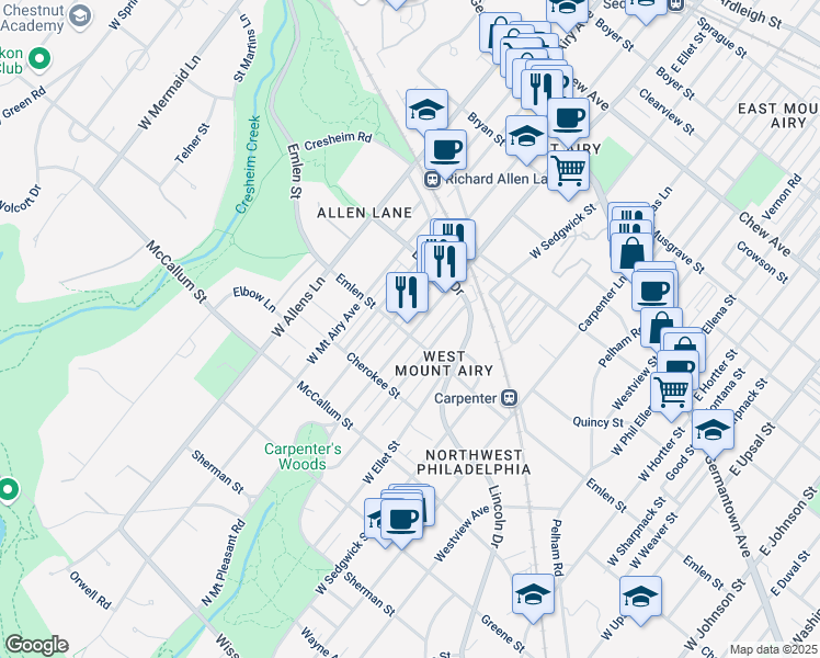 map of restaurants, bars, coffee shops, grocery stores, and more near 7103 Emlen Street in Philadelphia