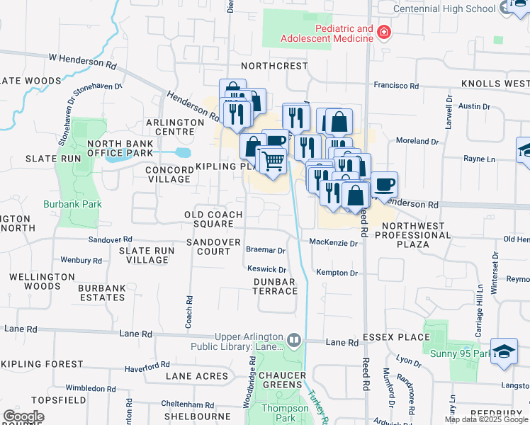 map of restaurants, bars, coffee shops, grocery stores, and more near 2014 Aberdeen Drive in Upper Arlington