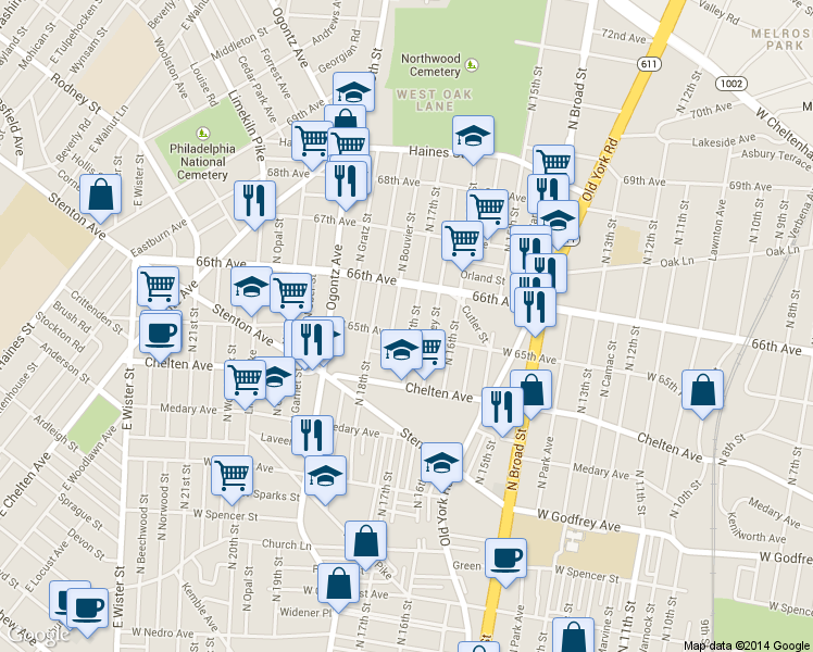 map of restaurants, bars, coffee shops, grocery stores, and more near 6508 North 17th Street in Philadelphia