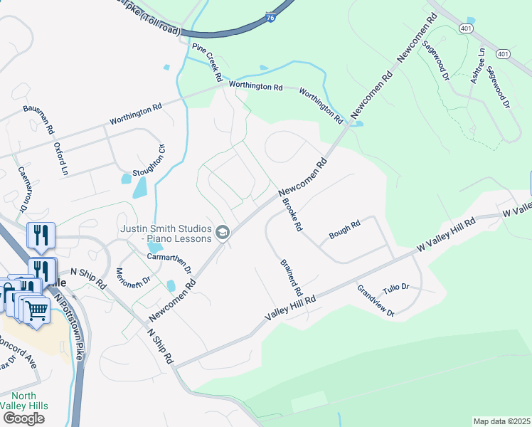 map of restaurants, bars, coffee shops, grocery stores, and more near 722 Brainerd Road in Exton