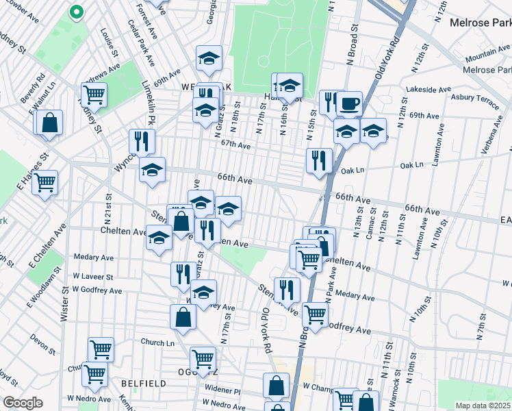 map of restaurants, bars, coffee shops, grocery stores, and more near 6512 North Smedley Street in Philadelphia