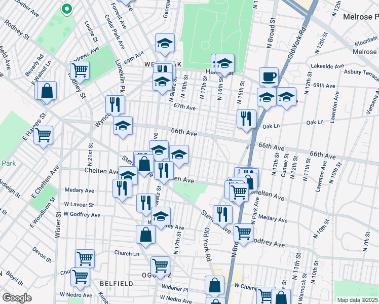 map of restaurants, bars, coffee shops, grocery stores, and more near 6508 North 17th Street in Philadelphia