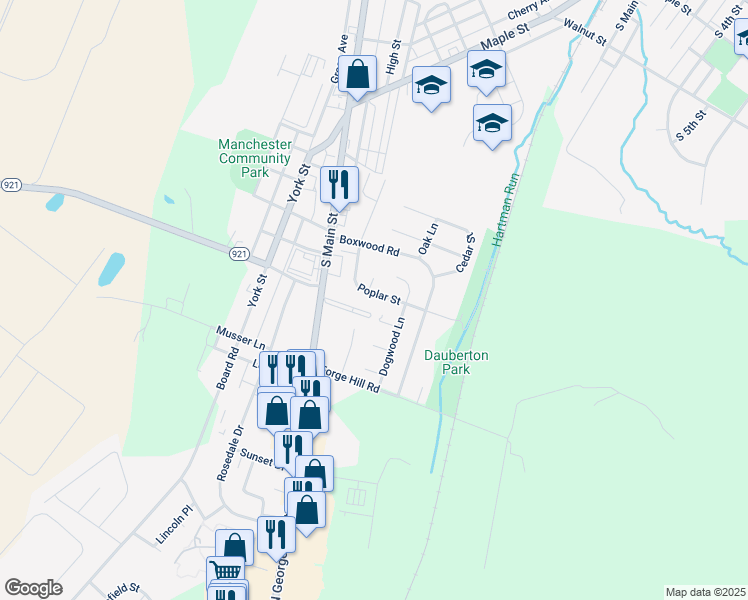 map of restaurants, bars, coffee shops, grocery stores, and more near 100 Poplar Street in Manchester