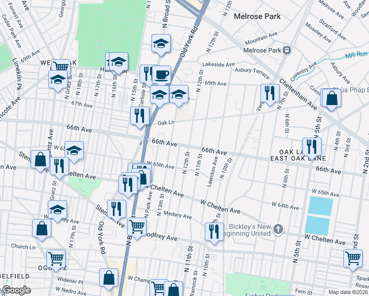 map of restaurants, bars, coffee shops, grocery stores, and more near 6544 North 12th Street in Philadelphia