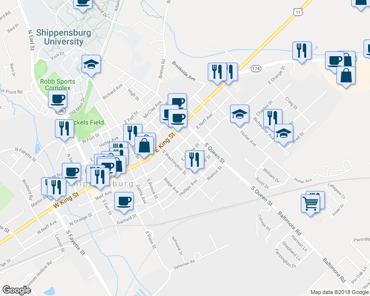 map of restaurants, bars, coffee shops, grocery stores, and more near 323 East Orange Street in Shippensburg