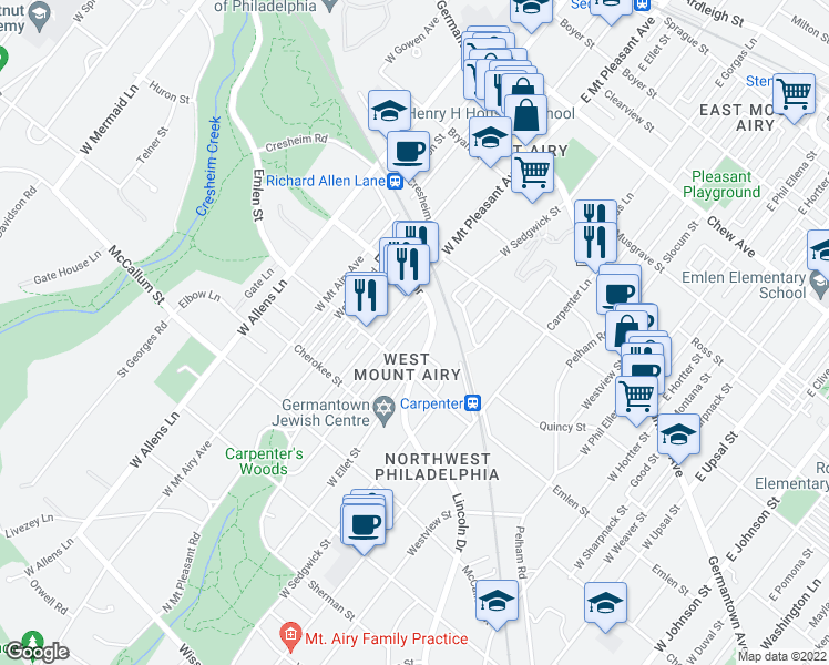 map of restaurants, bars, coffee shops, grocery stores, and more near 324 Glen Echo Road in Philadelphia