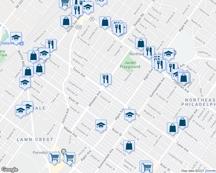 map of restaurants, bars, coffee shops, grocery stores, and more near 910 Brighton Street in Philadelphia