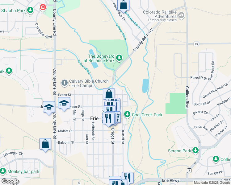 map of restaurants, bars, coffee shops, grocery stores, and more near 806 Kattell Street in Erie