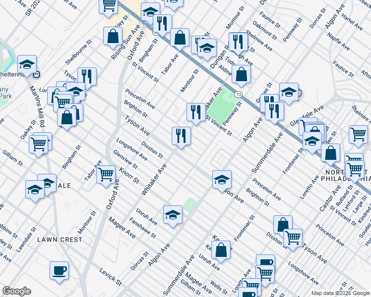 map of restaurants, bars, coffee shops, grocery stores, and more near 910 Brighton Street in Philadelphia