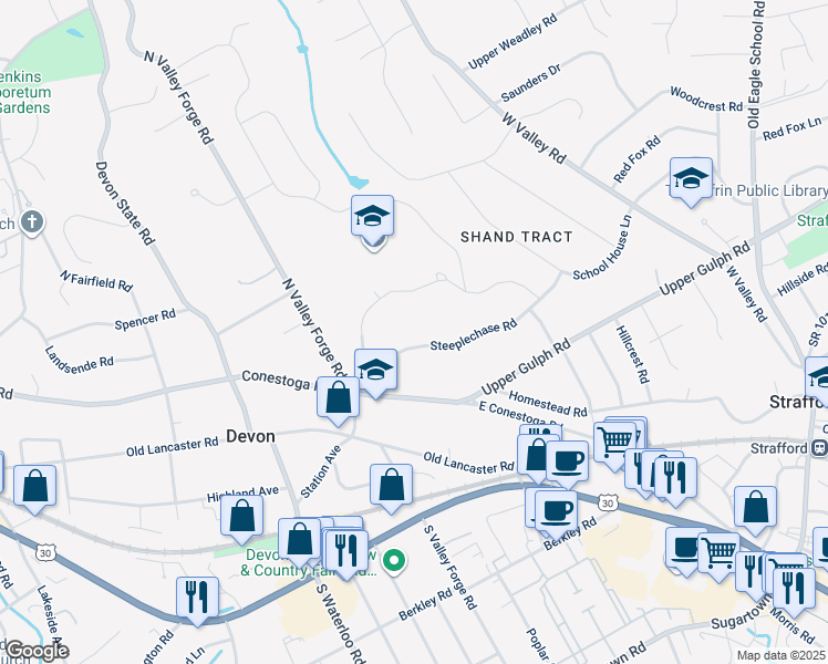 map of restaurants, bars, coffee shops, grocery stores, and more near 61 Steeplechase Road in Devon