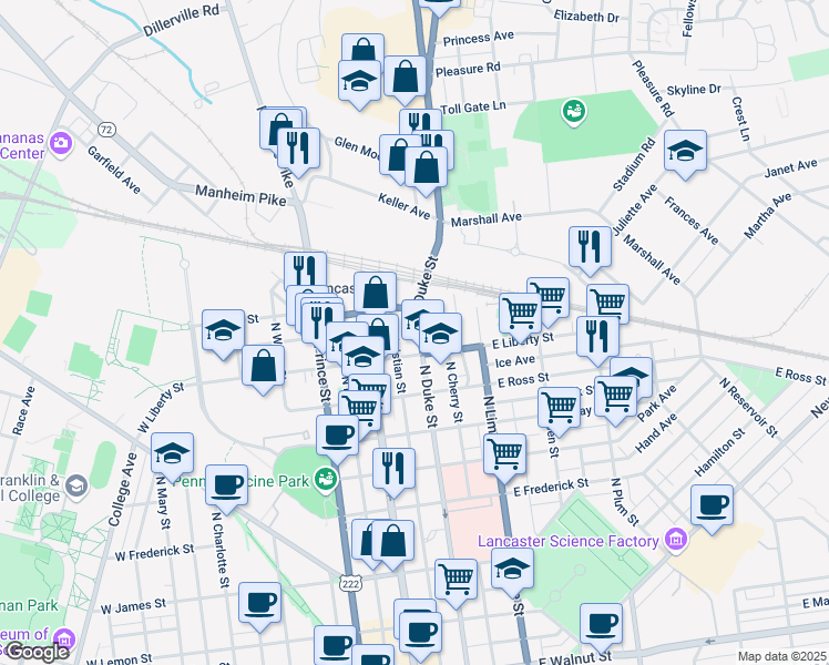 map of restaurants, bars, coffee shops, grocery stores, and more near 1022 U.S. 222 in Lancaster