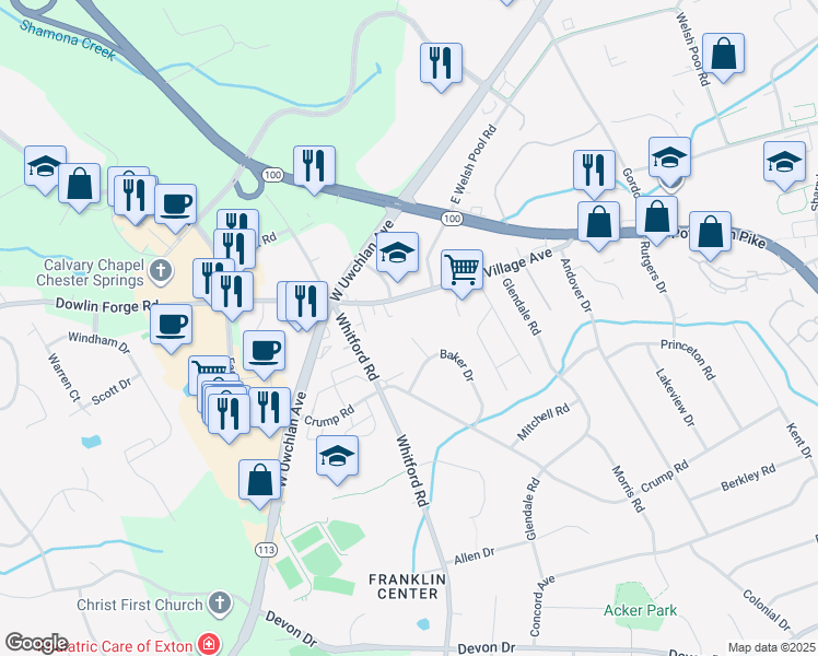map of restaurants, bars, coffee shops, grocery stores, and more near 115 Baker Circle in Exton