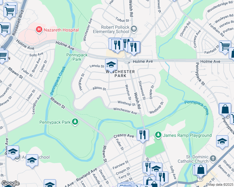map of restaurants, bars, coffee shops, grocery stores, and more near 8114 Martindale Street in Philadelphia