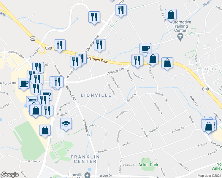 map of restaurants, bars, coffee shops, grocery stores, and more near 100 Village Walk in Exton