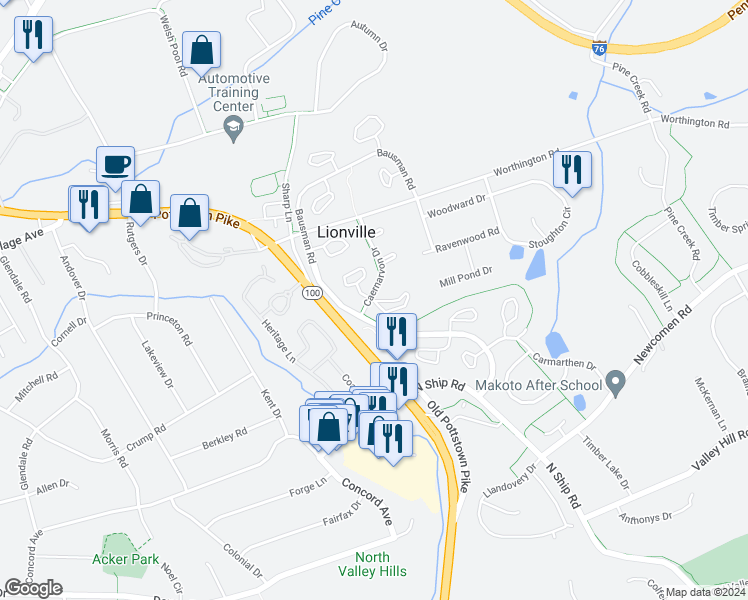 map of restaurants, bars, coffee shops, grocery stores, and more near 160 Lampeter Court in Exton