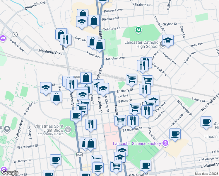 map of restaurants, bars, coffee shops, grocery stores, and more near 1017 Lititz Avenue in Lancaster