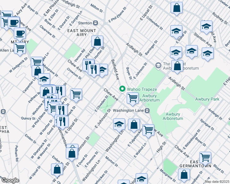 map of restaurants, bars, coffee shops, grocery stores, and more near 6409 Clearview Street in Philadelphia