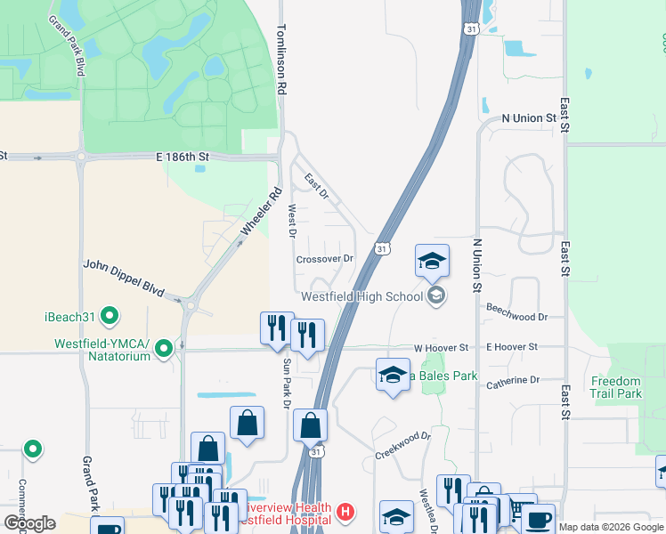 map of restaurants, bars, coffee shops, grocery stores, and more near North Glen Drive in Westfield