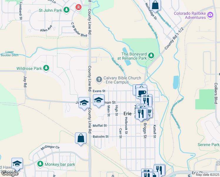 map of restaurants, bars, coffee shops, grocery stores, and more near 585 Evans Street in Erie