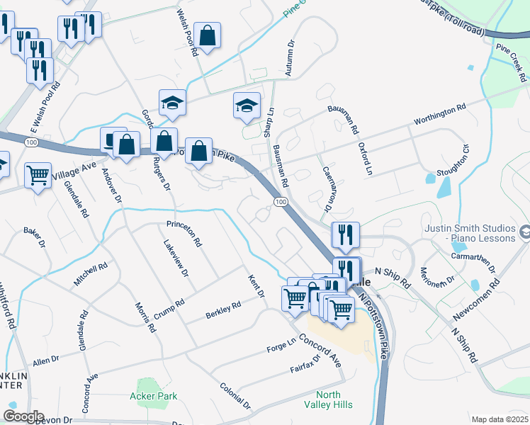 map of restaurants, bars, coffee shops, grocery stores, and more near 106 Cadwalader Circle in Exton