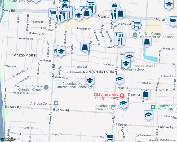 map of restaurants, bars, coffee shops, grocery stores, and more near 1345 Frisbee Drive in Columbus