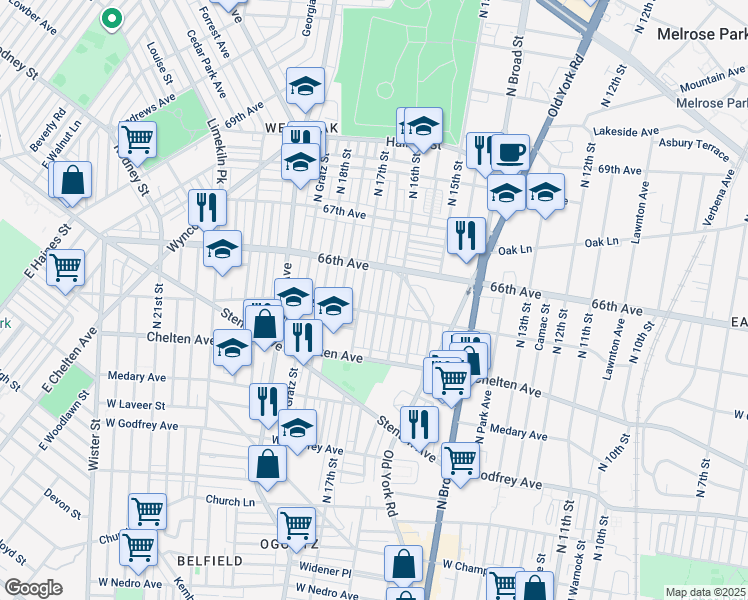 map of restaurants, bars, coffee shops, grocery stores, and more near 6512 North Smedley Street in Philadelphia