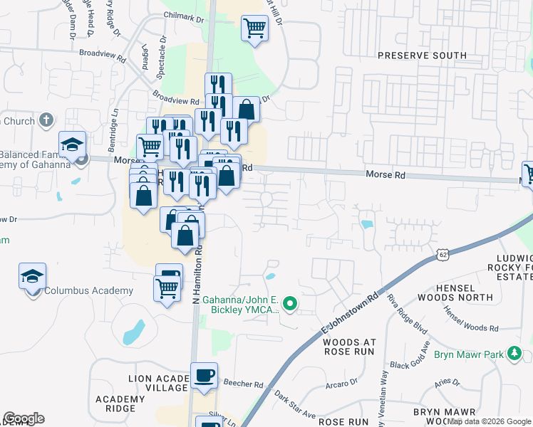 map of restaurants, bars, coffee shops, grocery stores, and more near 514 Calkin Lane East in Columbus