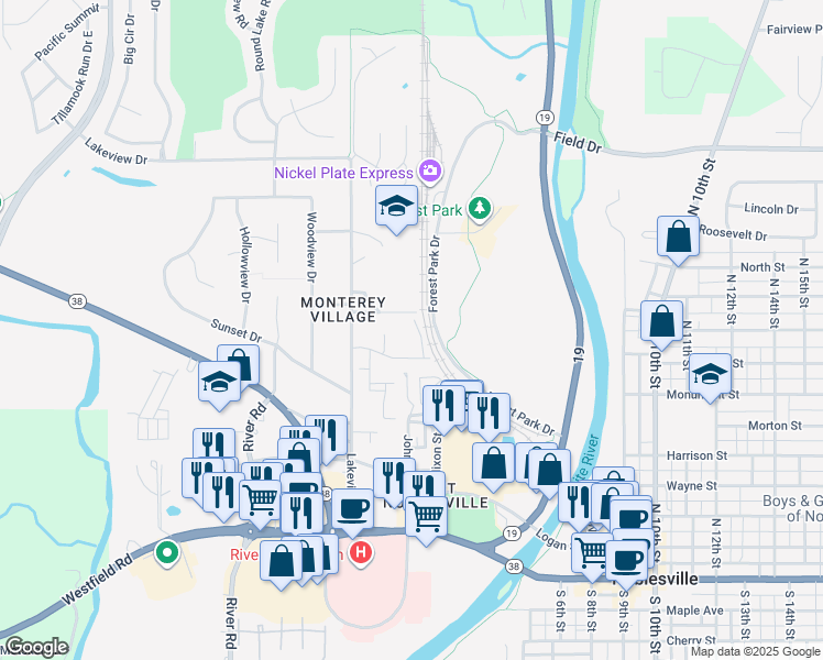 map of restaurants, bars, coffee shops, grocery stores, and more near 379 Huron Lane in Noblesville